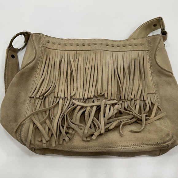 Guess Leather Suede Beige Tan Y2K Hobo Shoulder Fringe Top Zip HandBag Purse - Picture 2 of 16